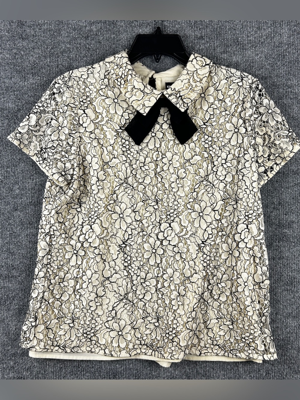 Karl Lagerfeld Paris Ivory Black Floral Lace Peter Pan Collar Bow Blouse Top M